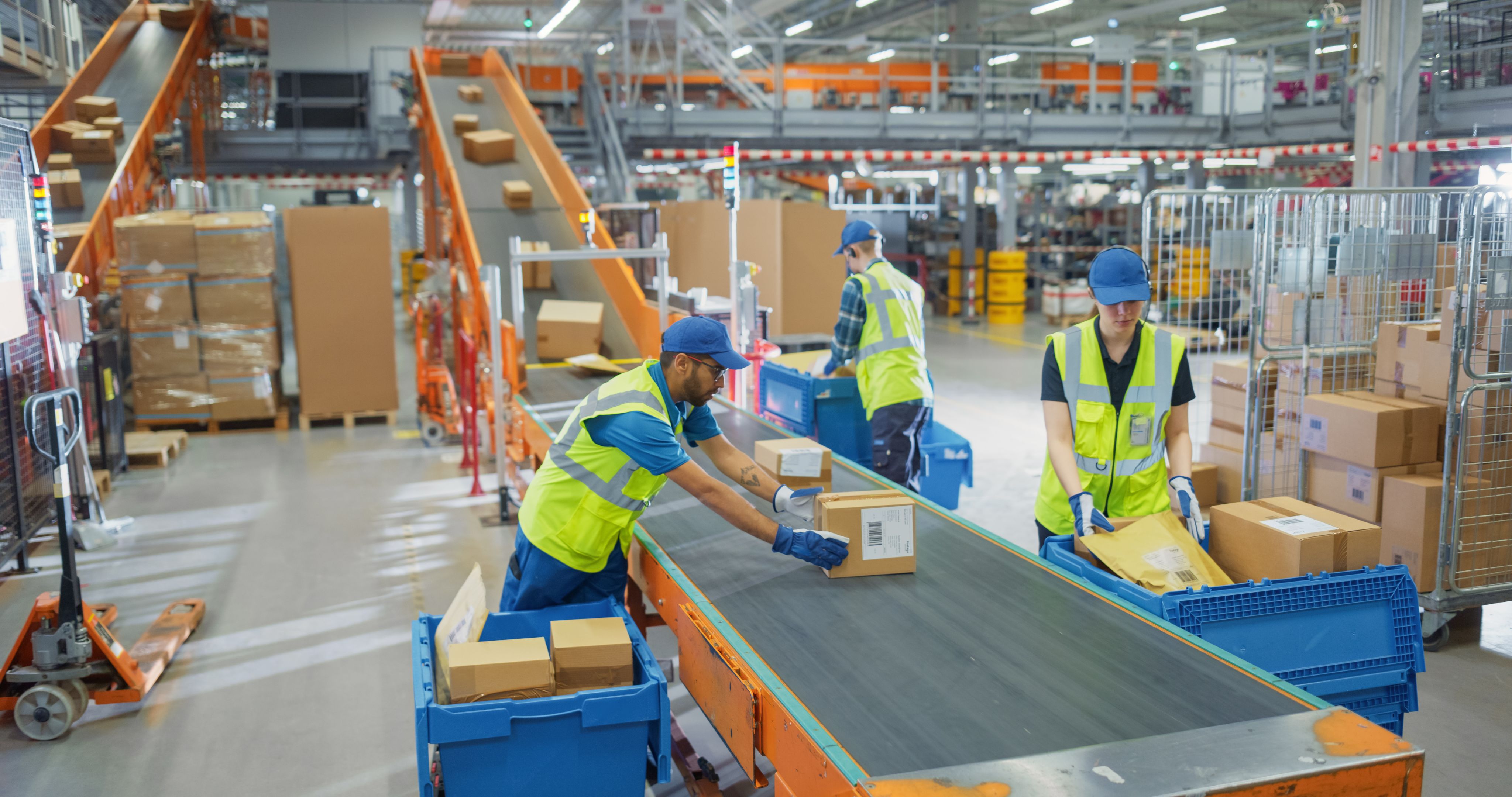 Group of workers in high-viz vest and hard hats organising parcels on a conveyor in a busy warehouse - Copyright: Gorodenkoff / Adobe Stock
