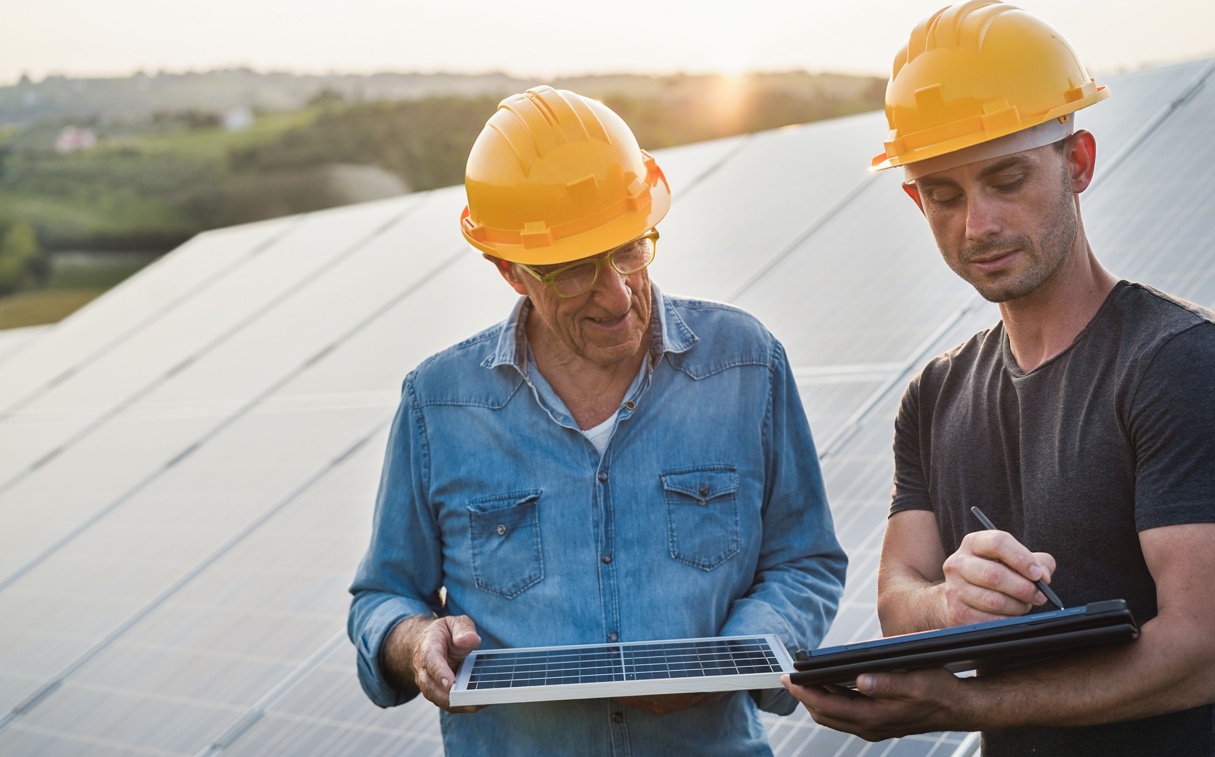Younger and older male engineers  working at solar panels factory outdoors - Copyright - DisobeyArt / Adobe Stock