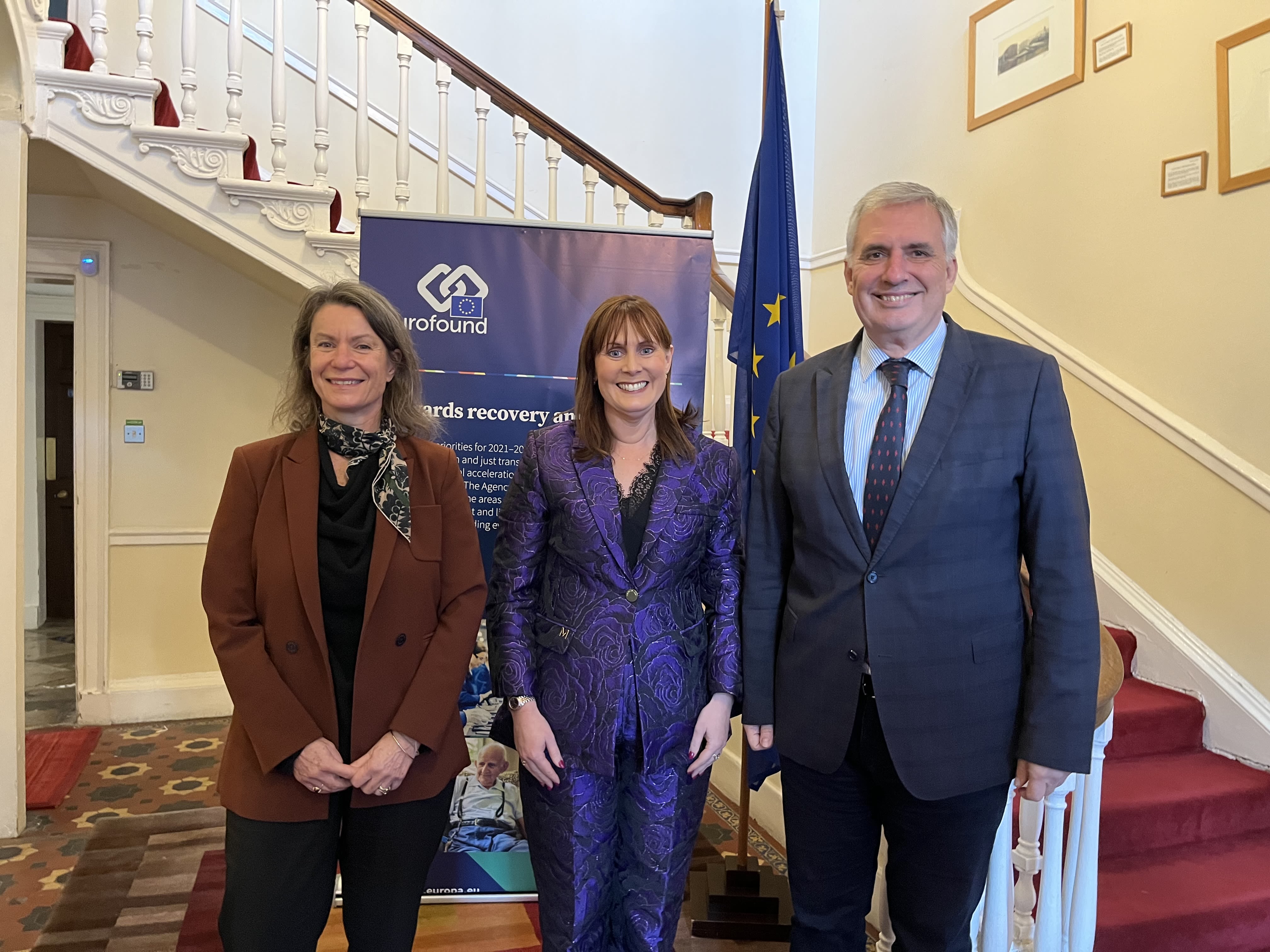 Eurofound Deputy Director Maria Jepsen and Executive Director Ivailo Kalfin welcome Caroline Reidy (centre)