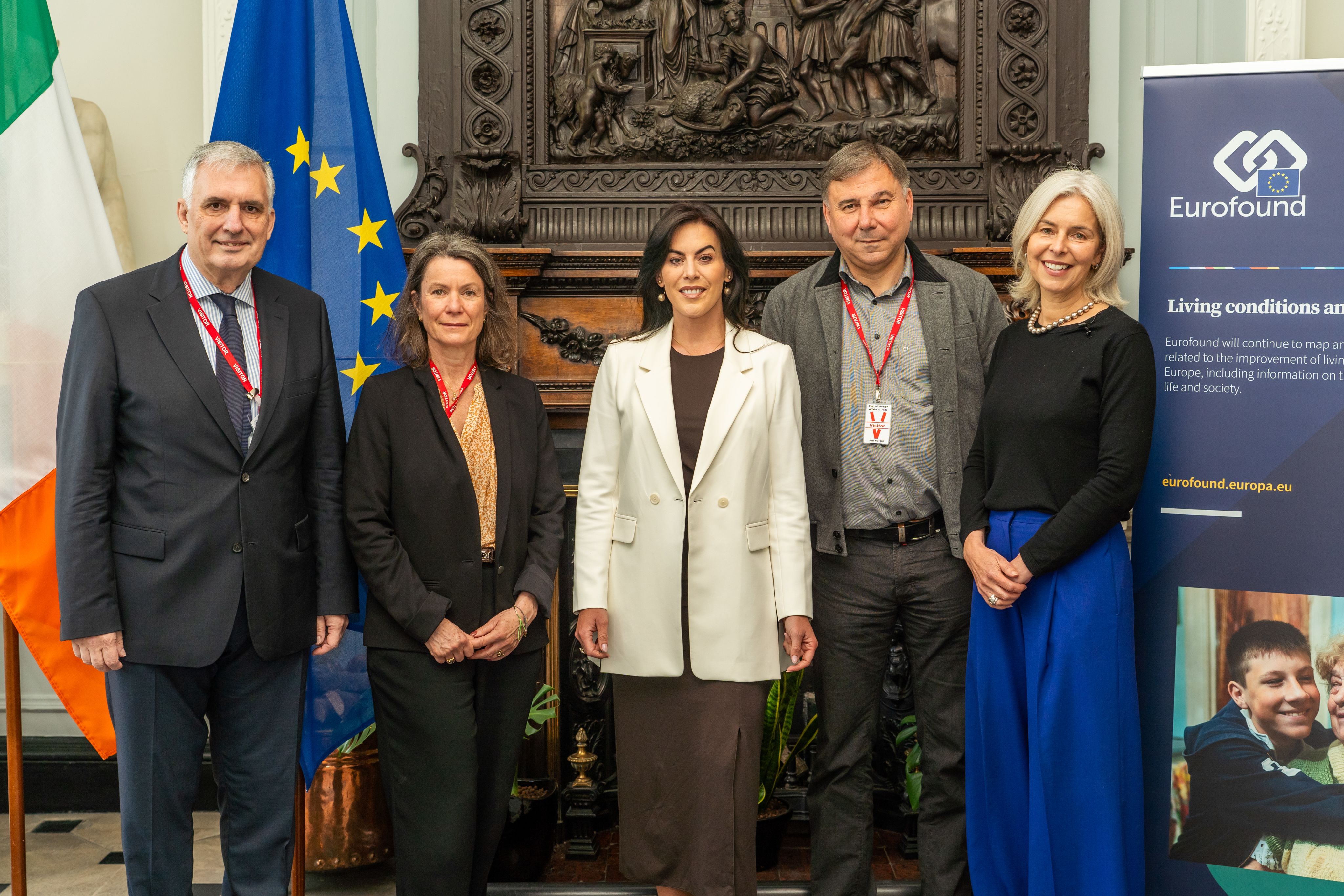 Eurofound Executive Director Ivailo Kalfin, Deputy Director Maria Jepsen and Head of I&C unit Mary McCaughey with guest speaker Ivan Krastev and Jennifer Carroll MacNeill TD 