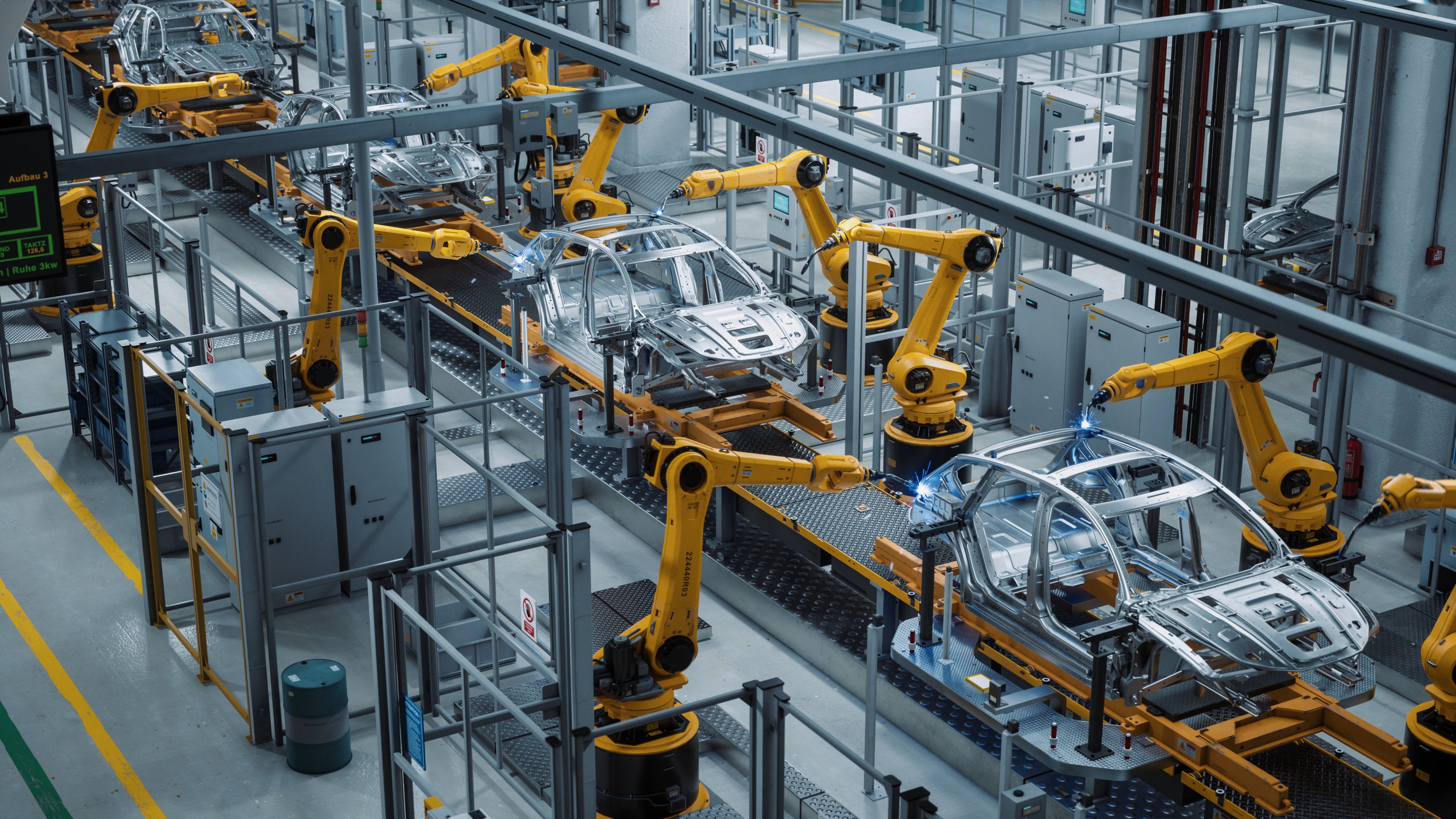 Robots in car manufacturing assembly line