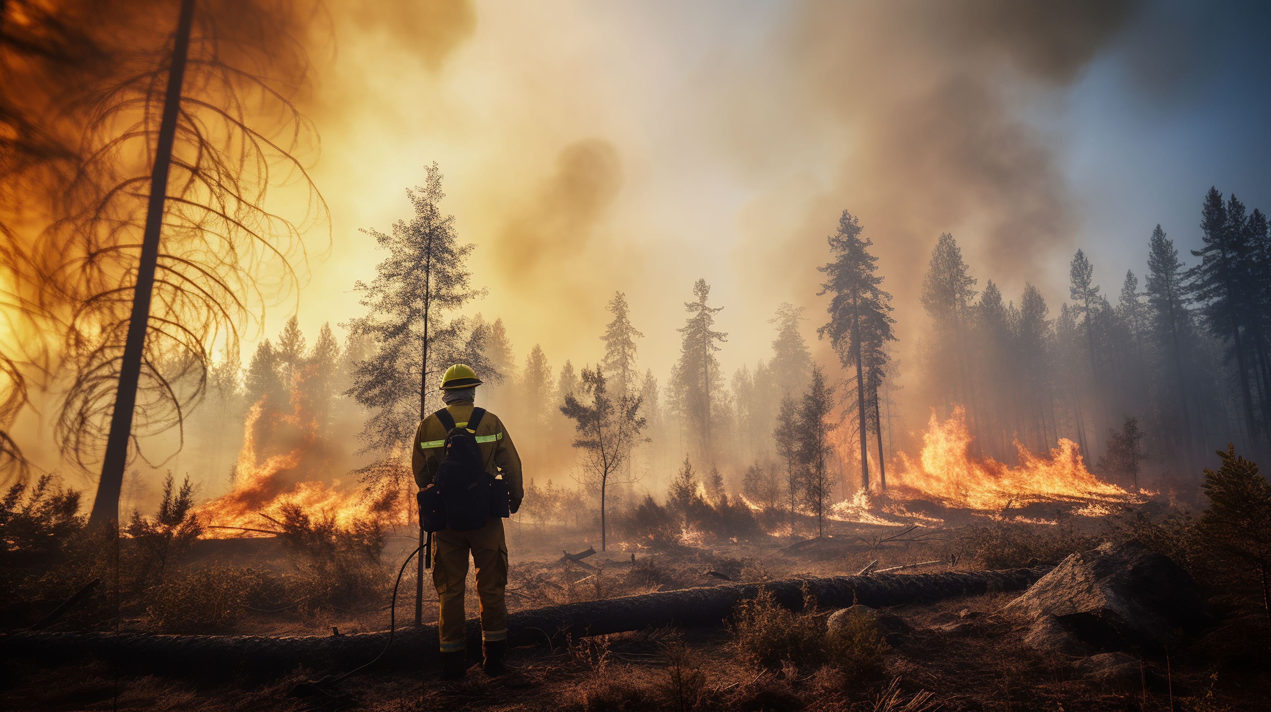 Firefighter looking at a forest fire