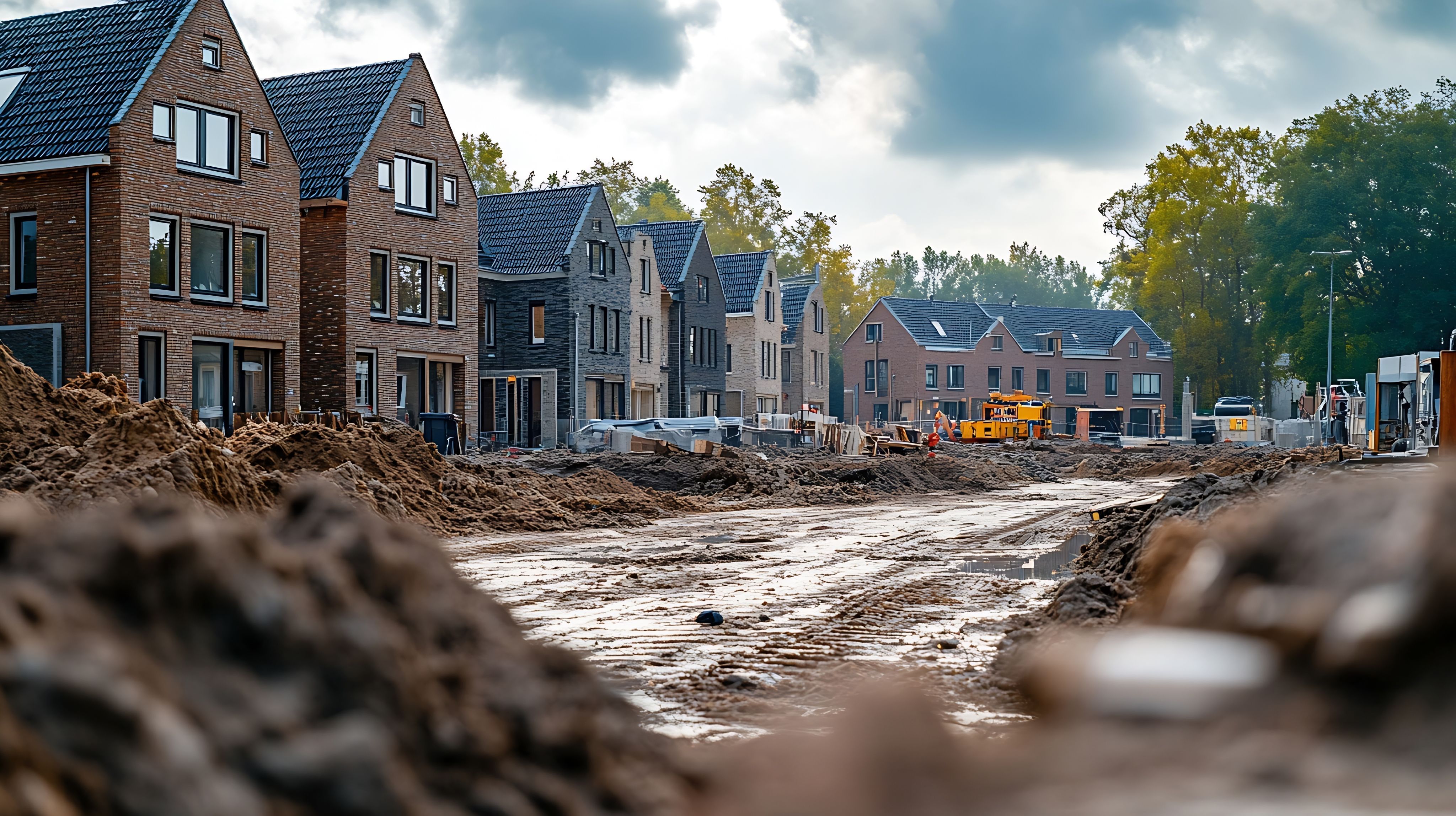 New housing estate in construction with mounds of soil and digger