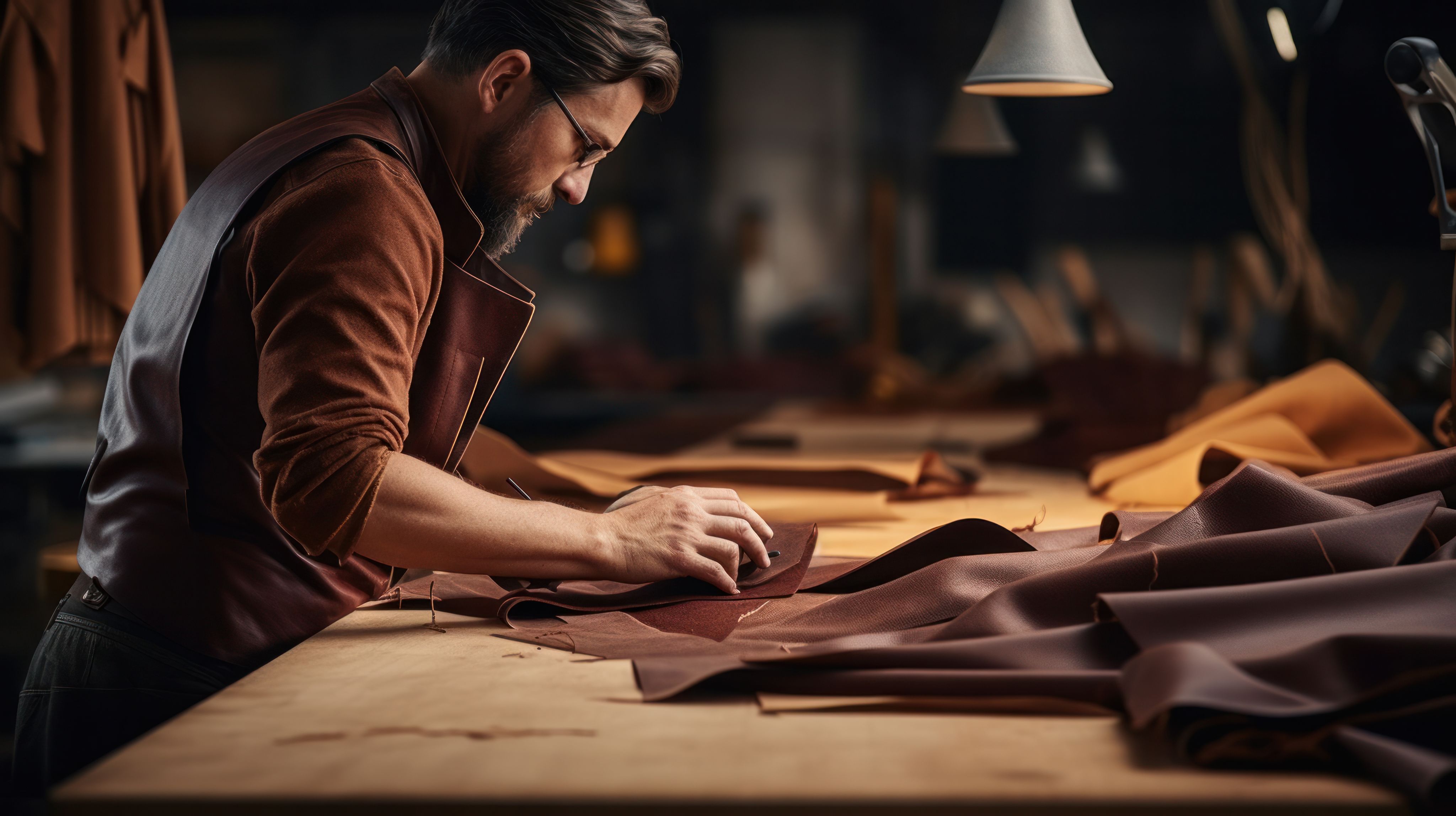 man sitting in front of table with pieces of leather