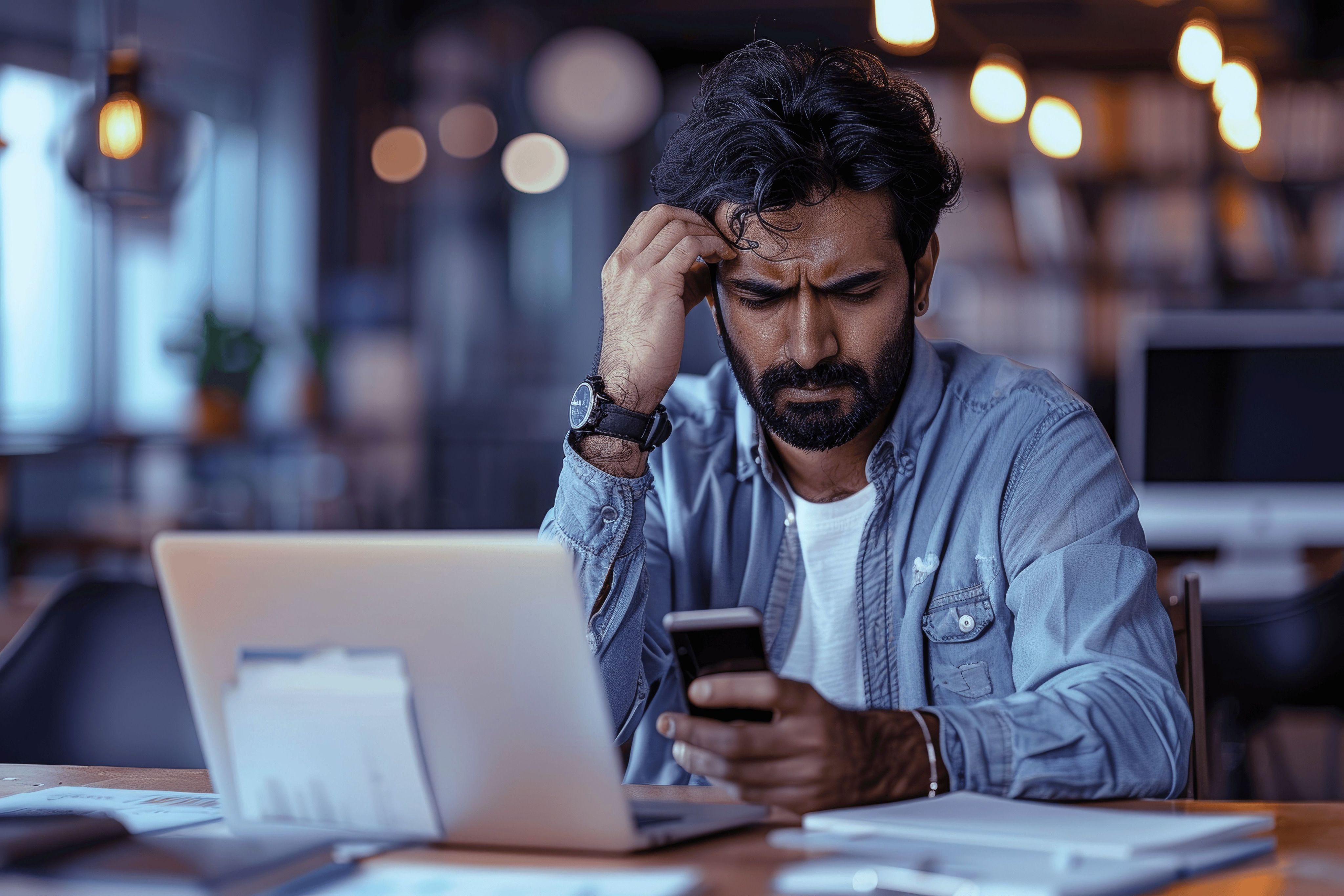 Man looking stressed sitting at a table with his laptop and phone