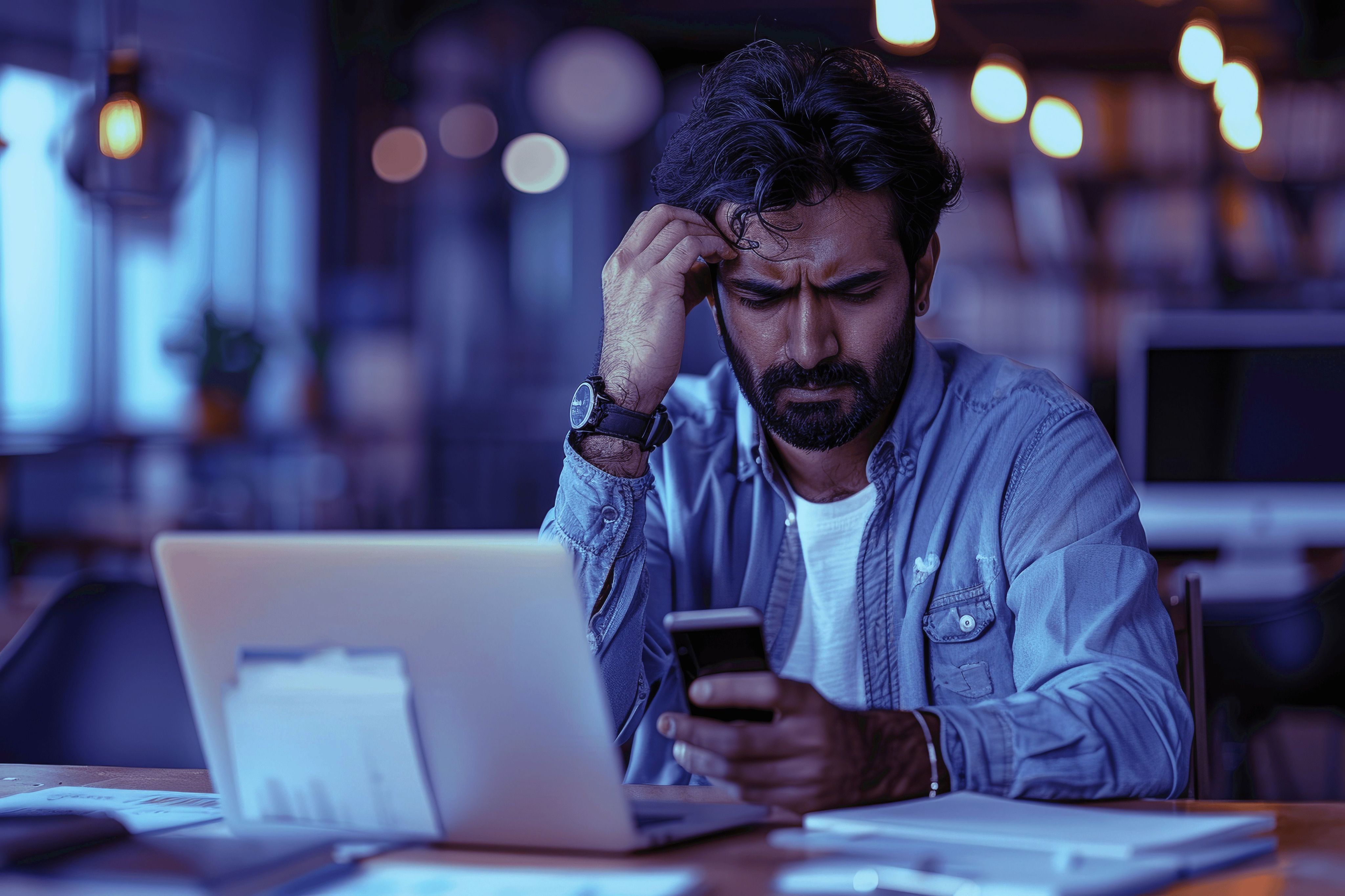 Man looking stressed sitting at a table with his laptop and phone