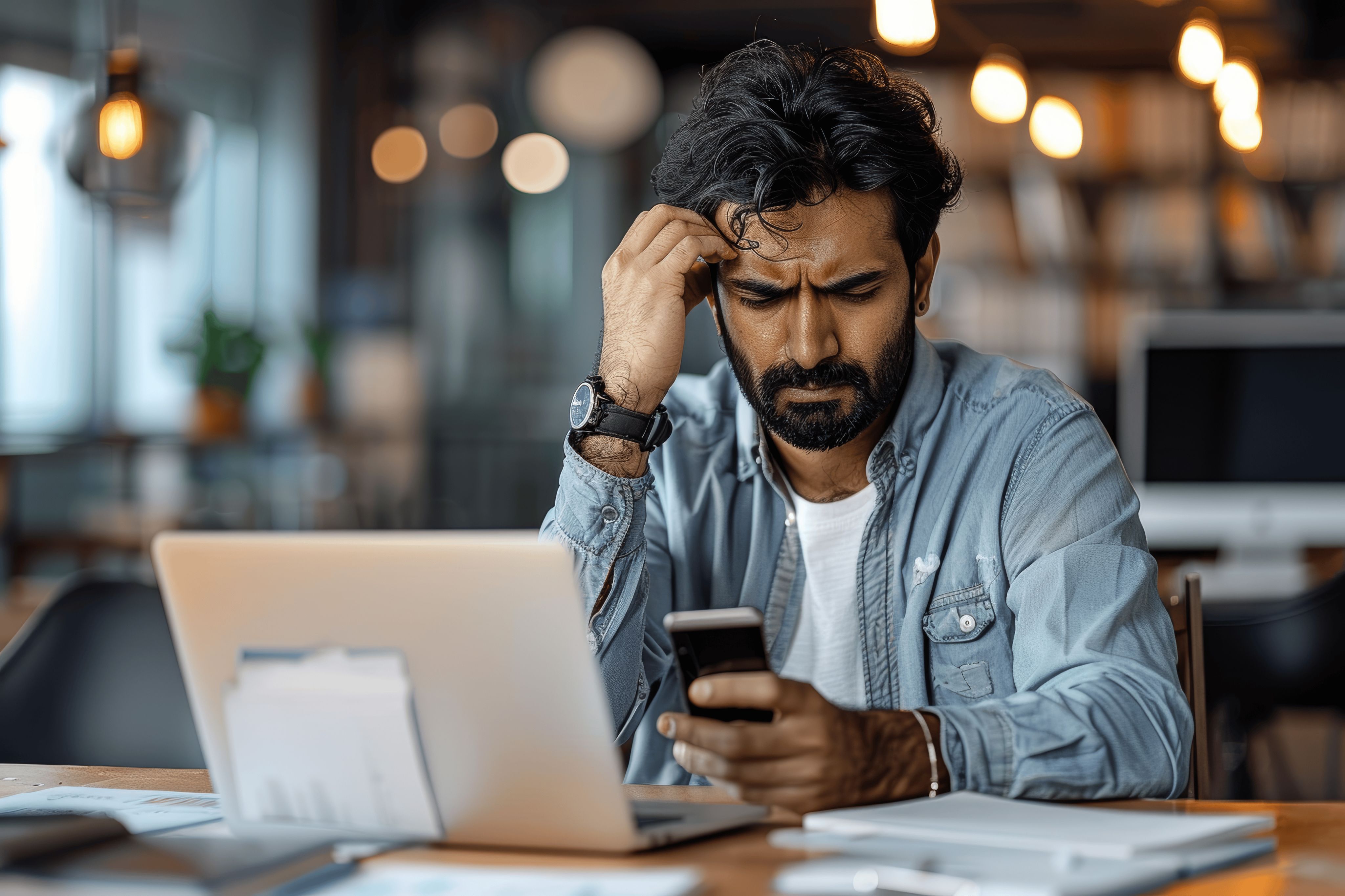 Man looking stressed sitting at a table with his laptop and phone