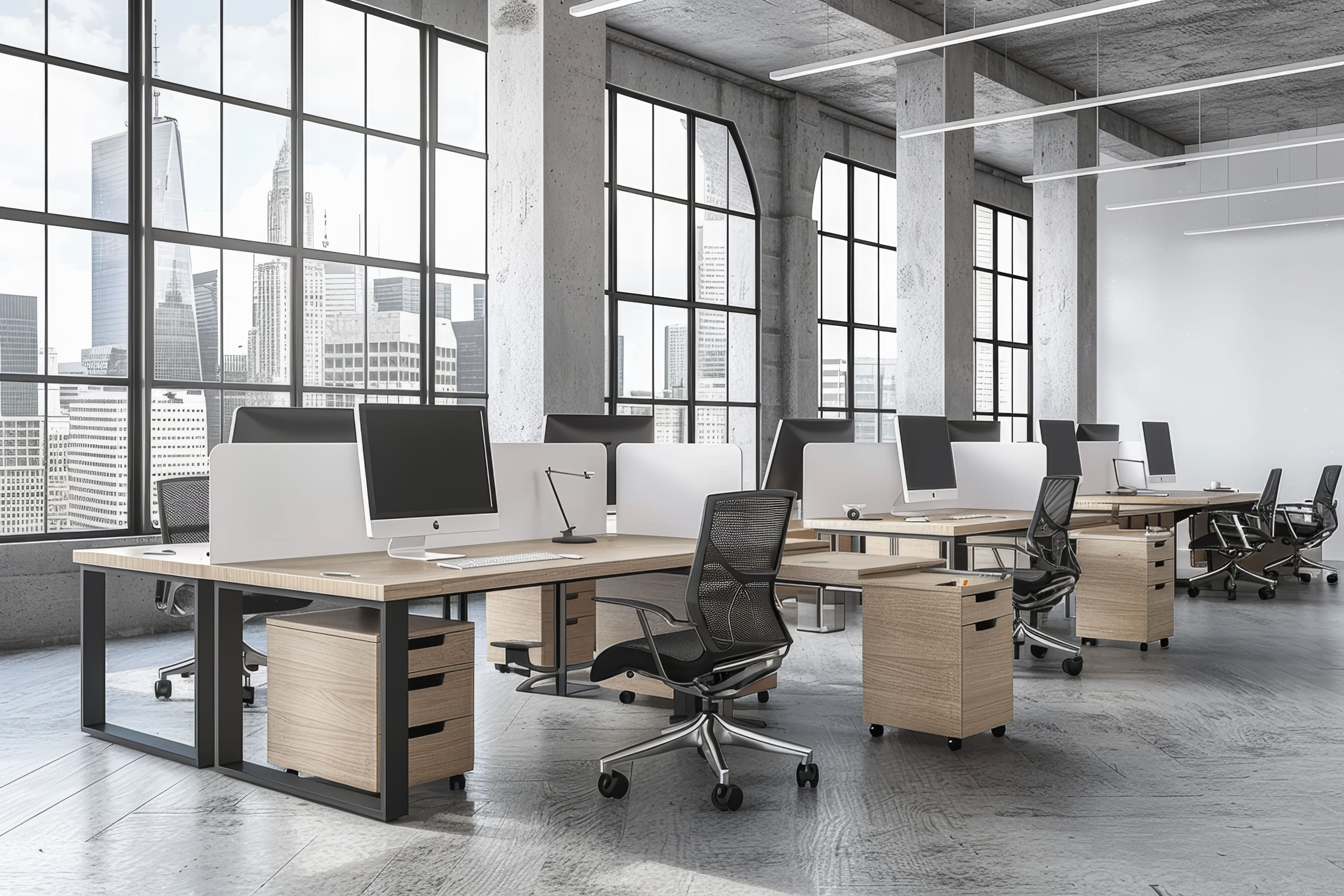 Modern open-plan office with multiple desks and desktop computers, overlooking a cityscape through large windows