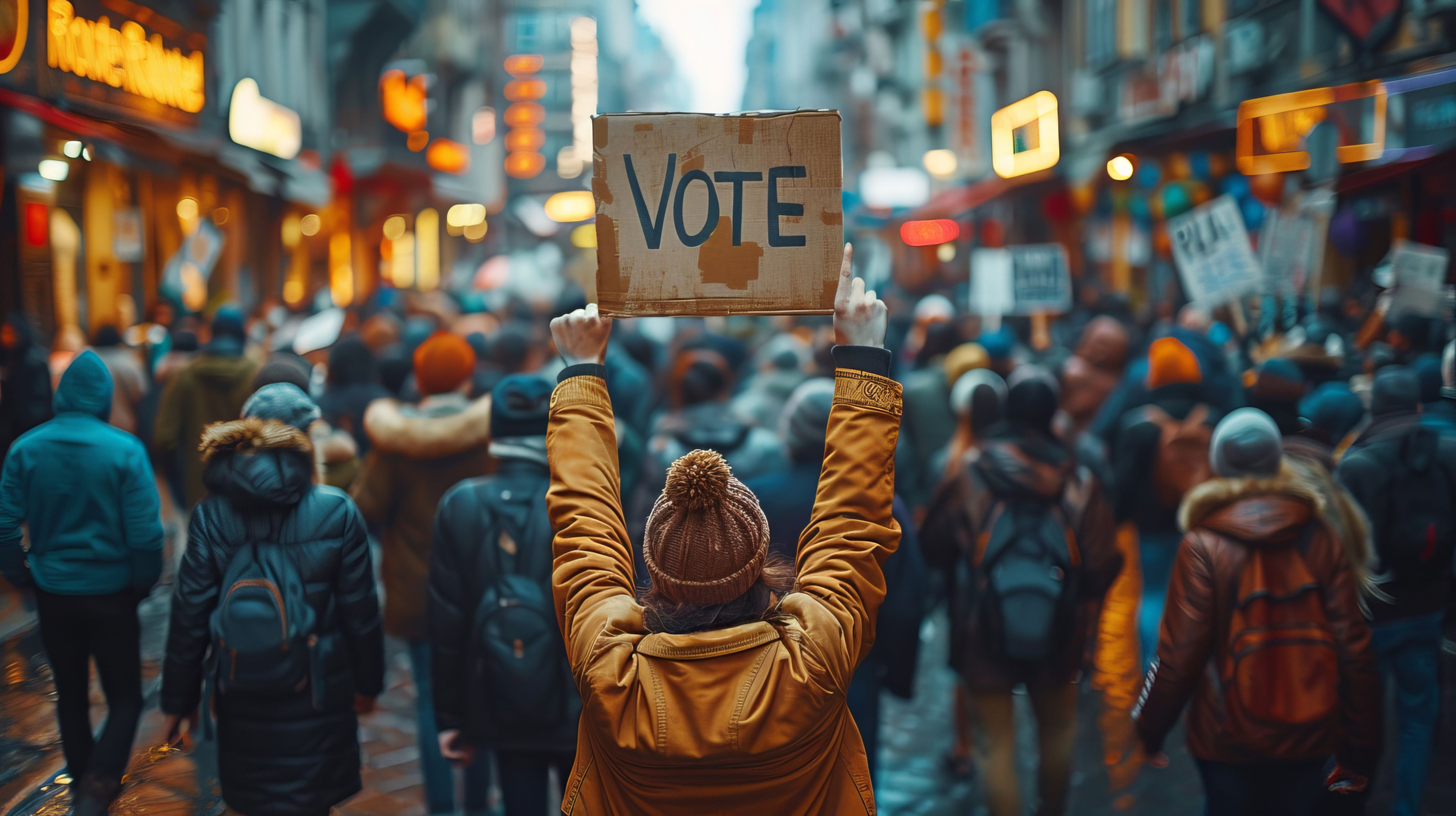 Woman holding a cardboard sign saying 'Vote' at a protest
