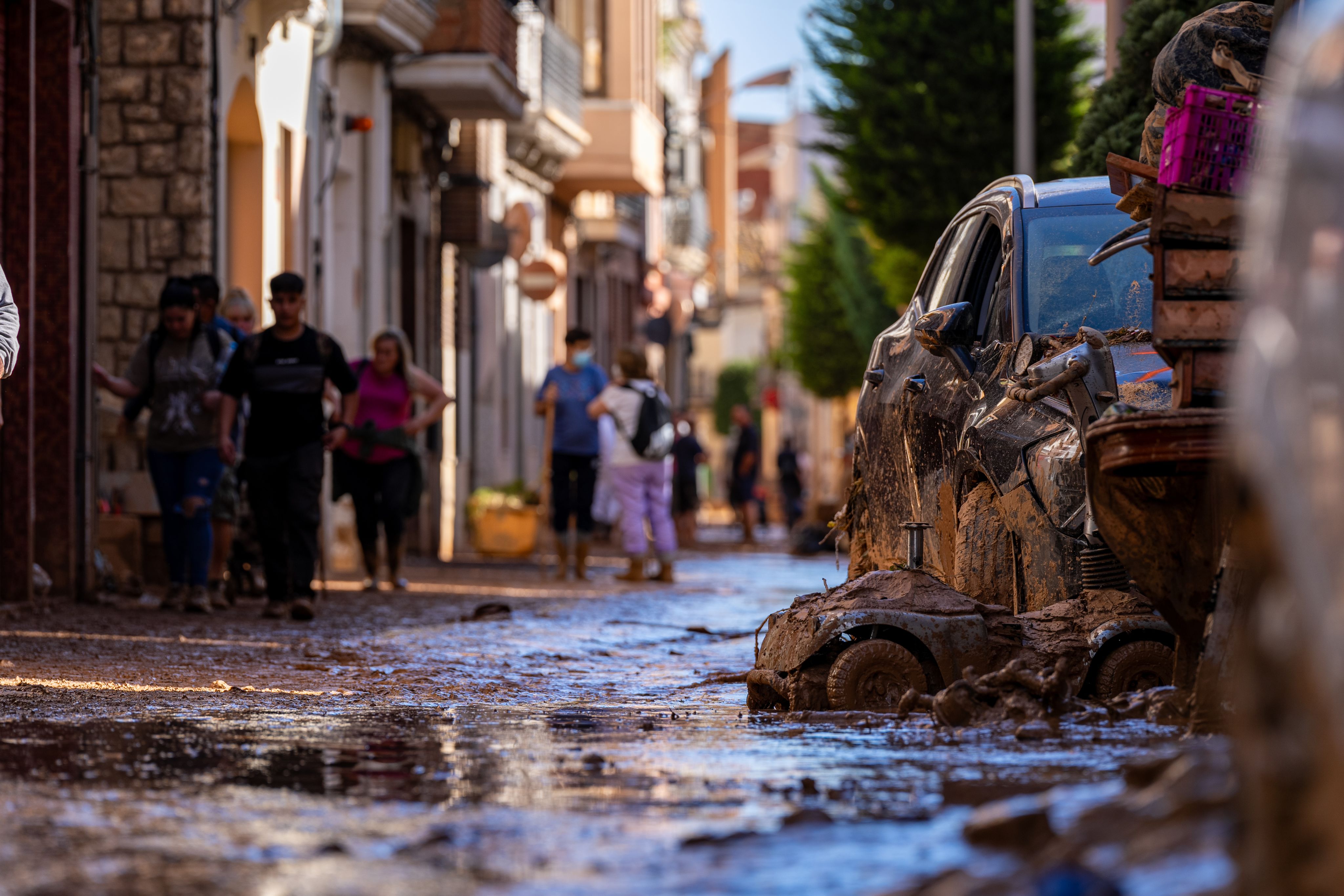 Street view of the aftermath of flooding in Valencia, Spain